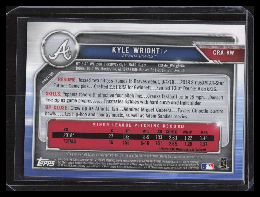DELETE 141576 2019 Bowman Chrome Autographs Blue Refractor Kyle Wright Rookie Auto 114/150