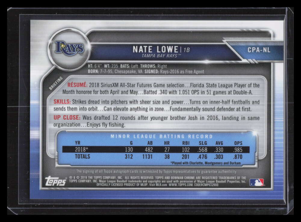 DELETE 141578 2019 Bowman Chrome Prospect Autographs CPANL Nate Lowe Rookie Auto F02181