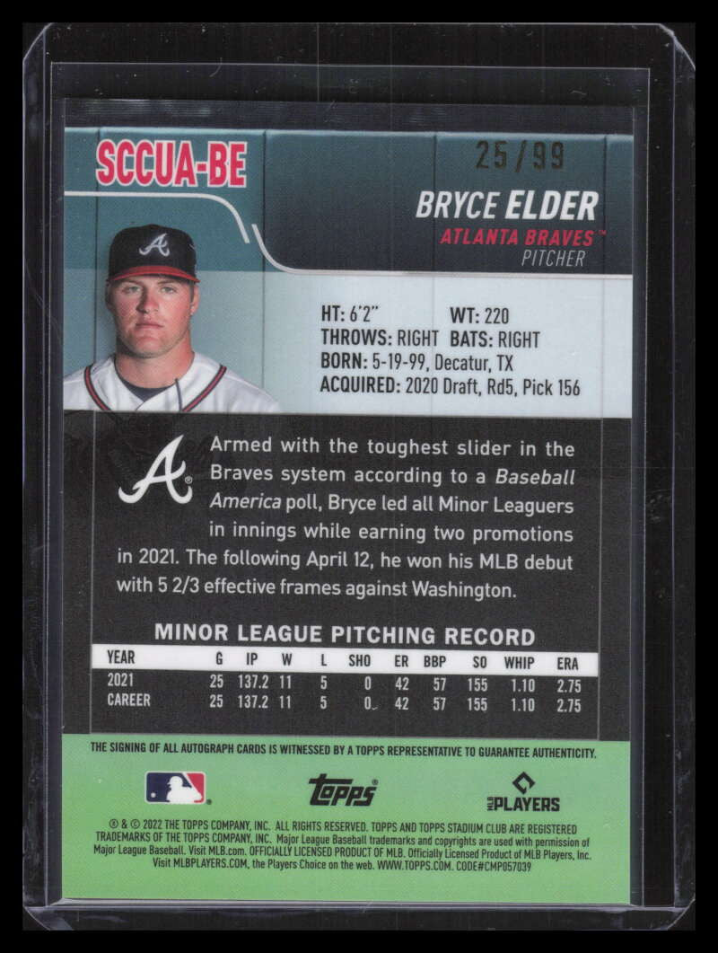DELETE 141598 2022 Stadium Club Chrome Autographs Green Refractor Brye Elder Rookie Auto 25/99