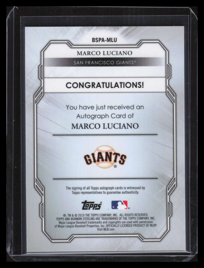DELETE 141614 2019 Bowman Sterling Prospect Autographs BSPAMLU Marco Luciano Rookie Auto