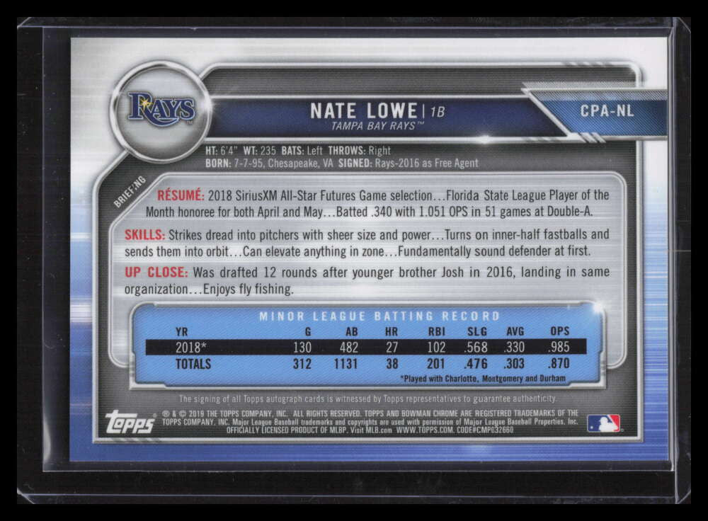 DELETE 141621 2019 Bowman Chrome Autographs Speckle Refractor Nate Lowe Rookie Auto 96/299
