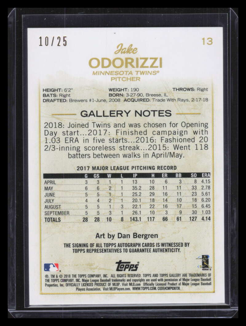 2018 Topps Gallery Autographs Orange 13 Jake Odorizzi Auto 10/25