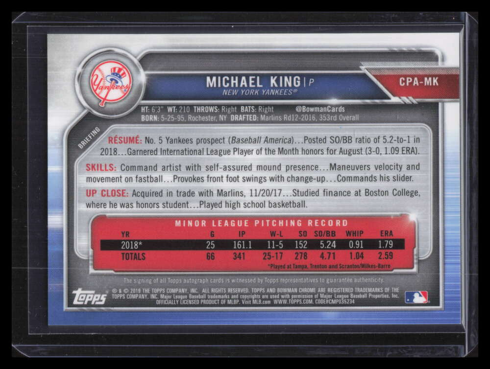2019 Bowman Chrome Prospect Autographs CPAMK Michael King Rookie Auto F02412