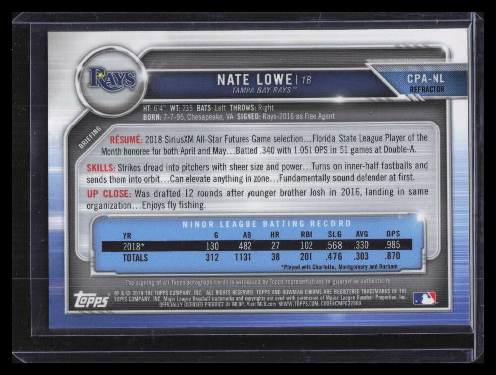 DELETE 141686 2019 Bowman Chrome Prospect Autographs Refractor Nate Lowe Rookie Auto 162/499