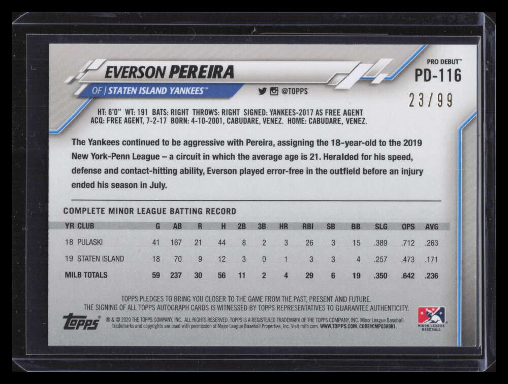 DELETE 141708 2020 Topps Pro Debut Autographs Green pd116 Everson Pereira Rookie Auto 23/99