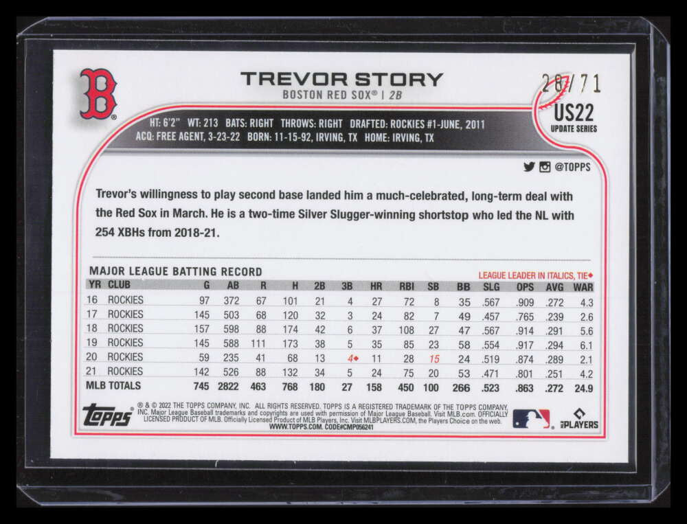 2022 Topps Update Black us22 Trevor Story 28/71