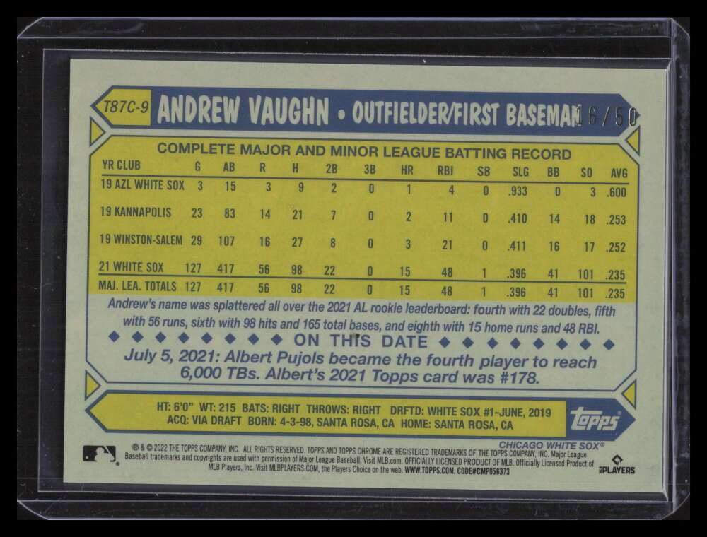 2022 Topps Update '87 Silver Pack Chrome Gold Refractor Andrew Vaughn 16/50