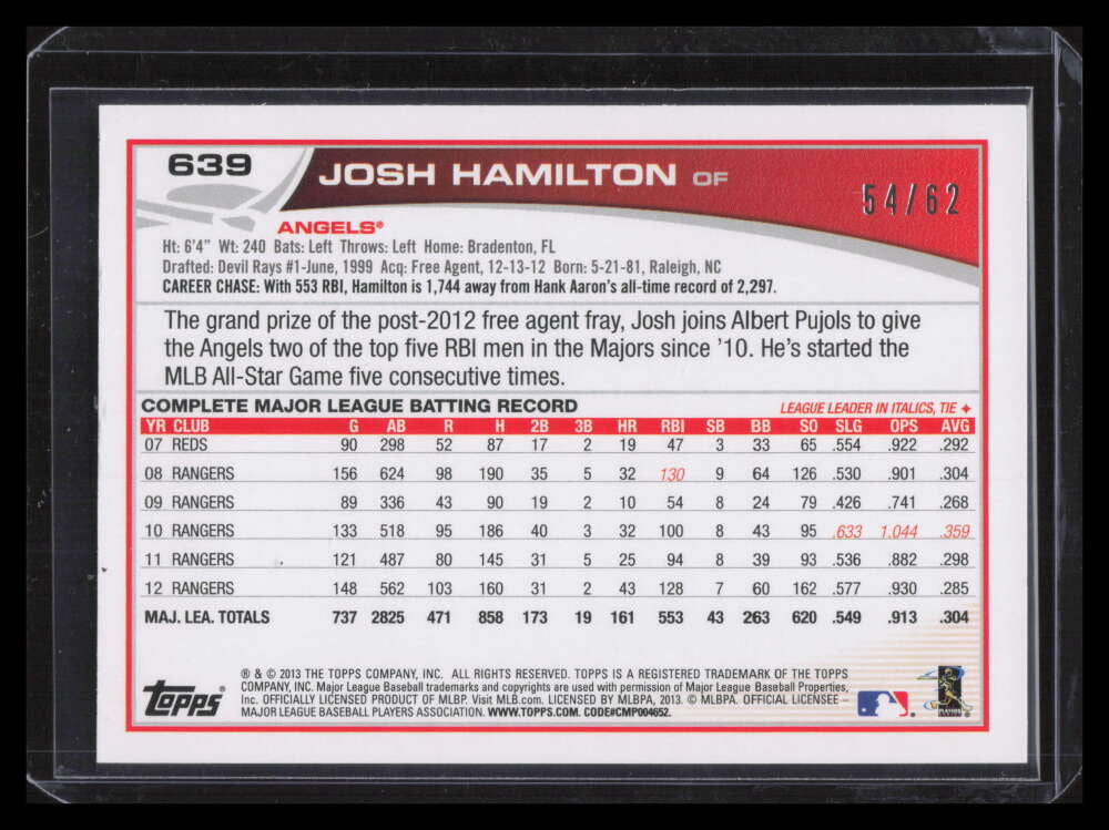 2013 Topps Black 639 Josh Hamilton 54/62