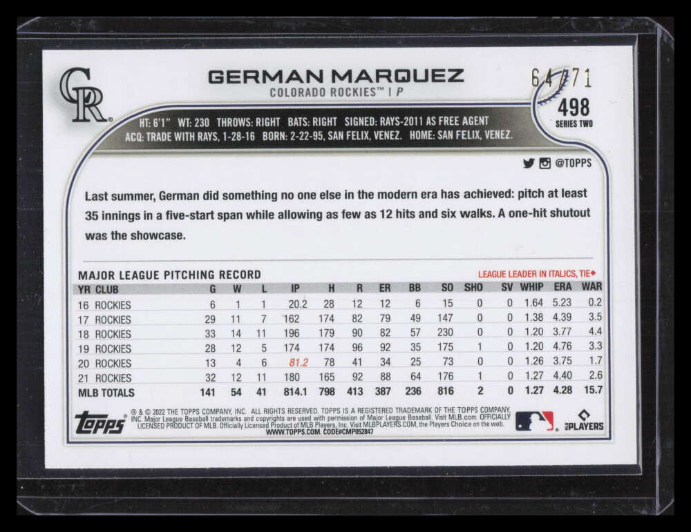 2022 Topps Black 498 German Marquez 64/71
