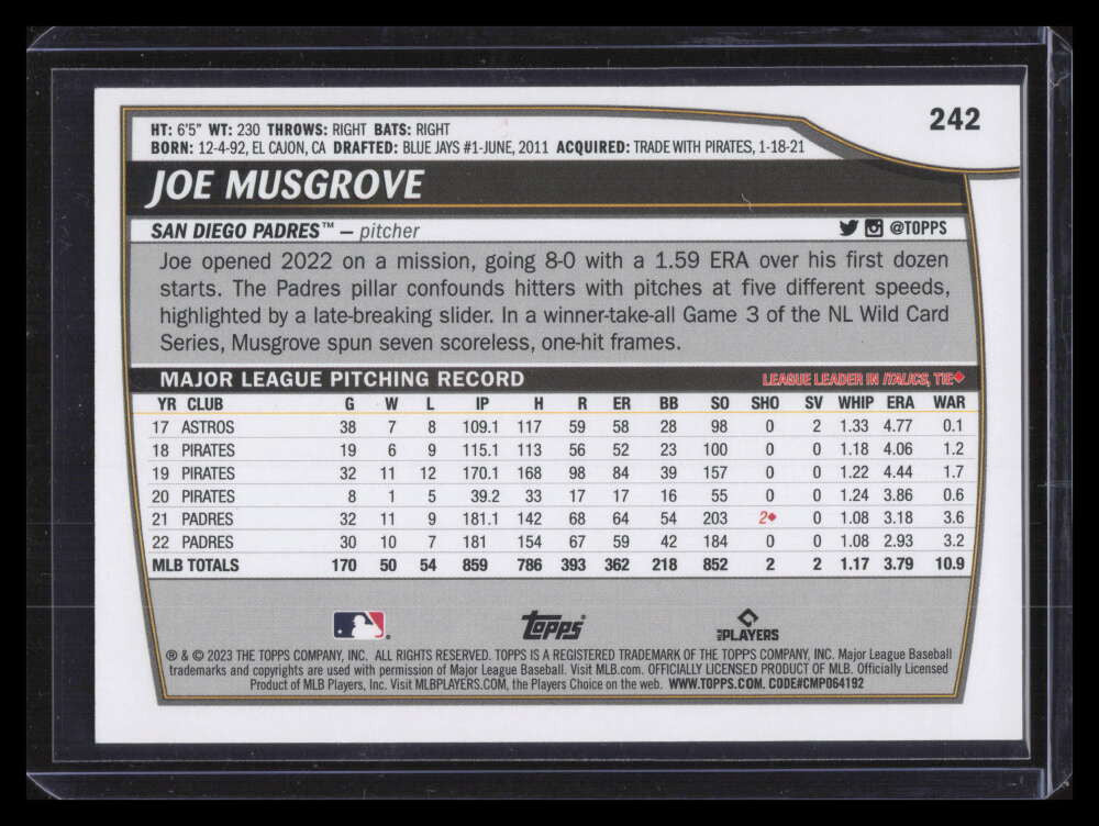 DELETE 141766 2023 Topps Big League Black 242 Joe Musgrove 4/25