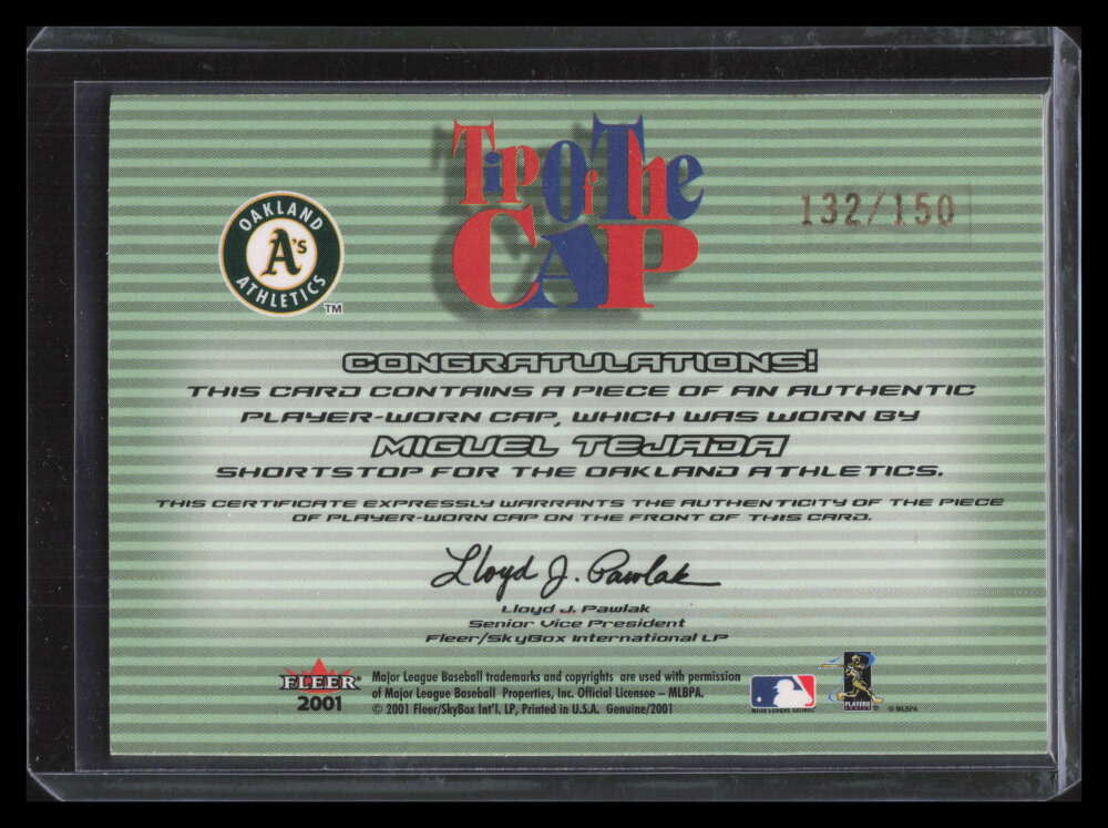 2001 Fleer Genuine Tip Of The Cap 13 Miguel Tejada Cap Hat 132/150