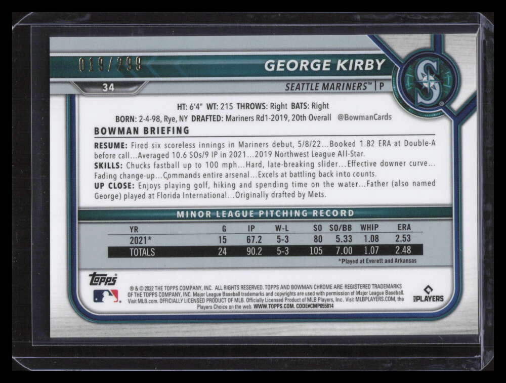 2022 Bowman Chrome Fuchsia Refractor 34 George Kirby Rookie 19/299