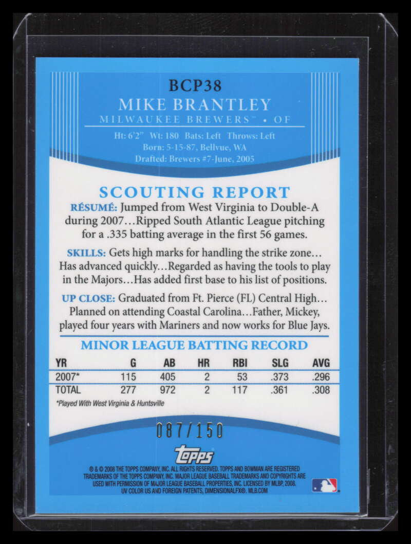 SOLD 141781 2008 Bowman Chrome Prospects Blue Refractor bcp38 Michael Brantley Rookie 87/150