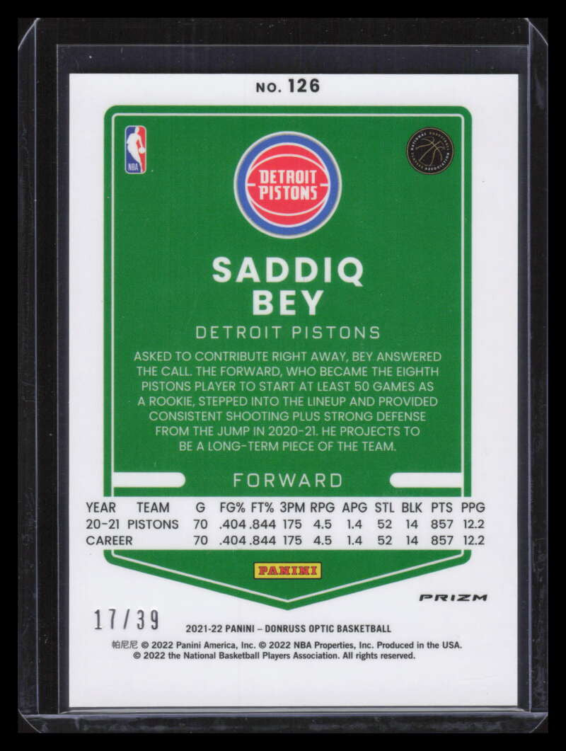 2021-22 Donruss Optic Black Velocity Refractor 126 Saddiq Bey 17/39
