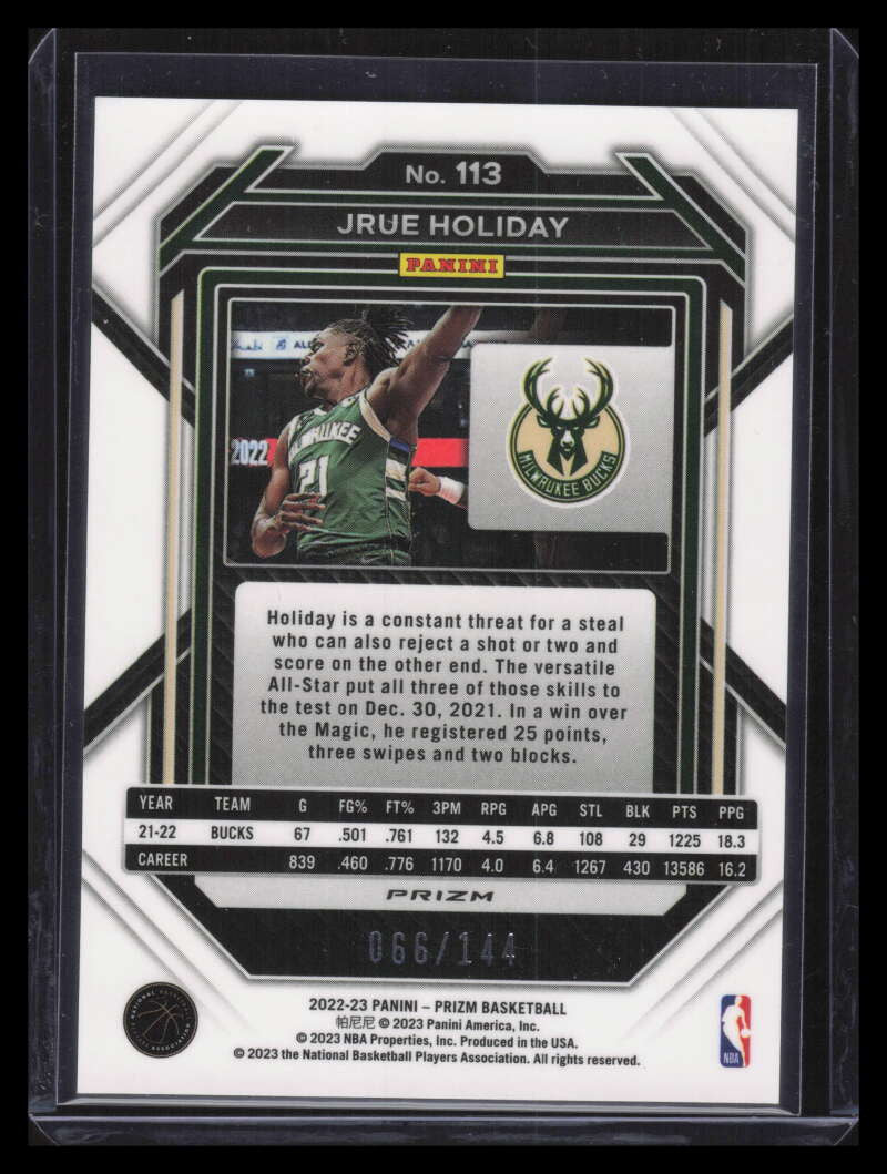 2022-23 Panini Prizm Prizms Blue Sparkle Refractor 113 Jrue Holiday F02329