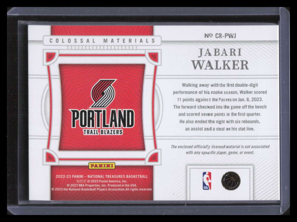 DELETE 141889 2022-23 Panini National Treasures Colossal 16 Jabari Walker Rookie Patch 12/25