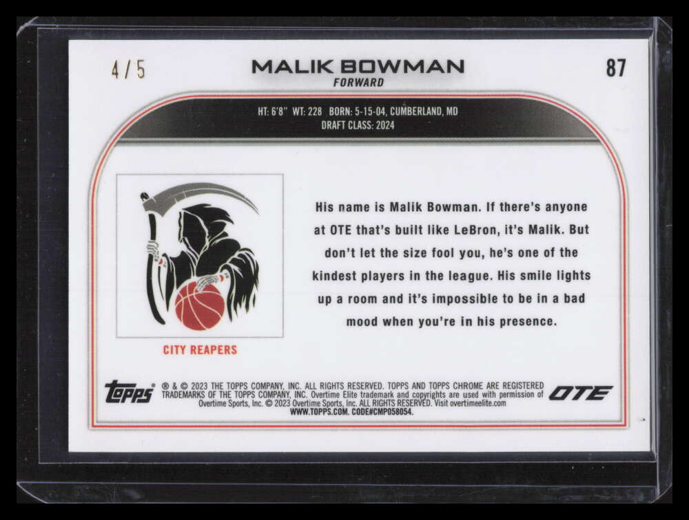 DELETE 141892 2022-23 Topps Chrome Overtime Elite Red RayWave Refractor 87 Malik Bowman RC 4/5