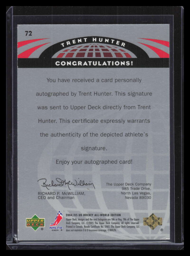2004-05 UD All-World Autographs 72 Trent Hunter Auto