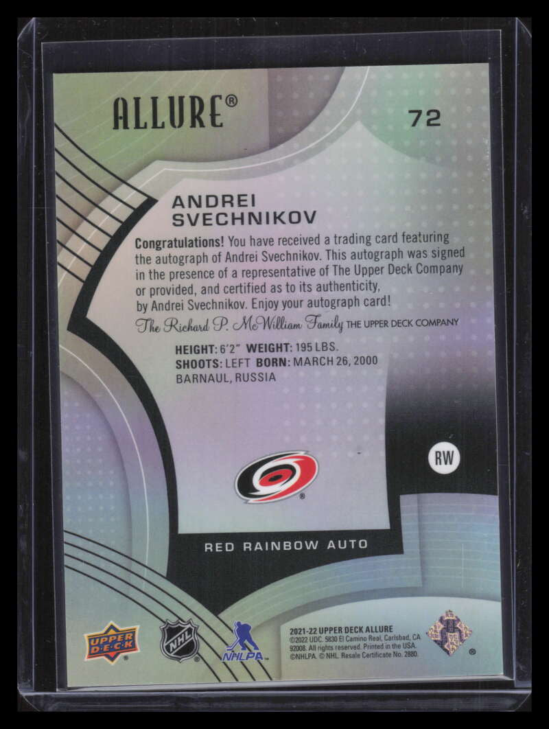 DELETE 141977 2021-22 Upper Deck Allure Autographs Red Rainbow 72 Andrei Svechnikov Auto