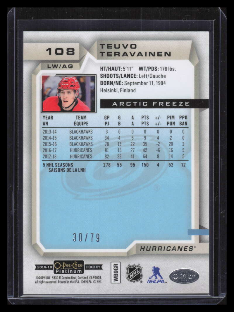 2018-19 O-Pee-Chee Platinum Arctic Freeze Refractor 108 Teuvo Teravainen 30/79