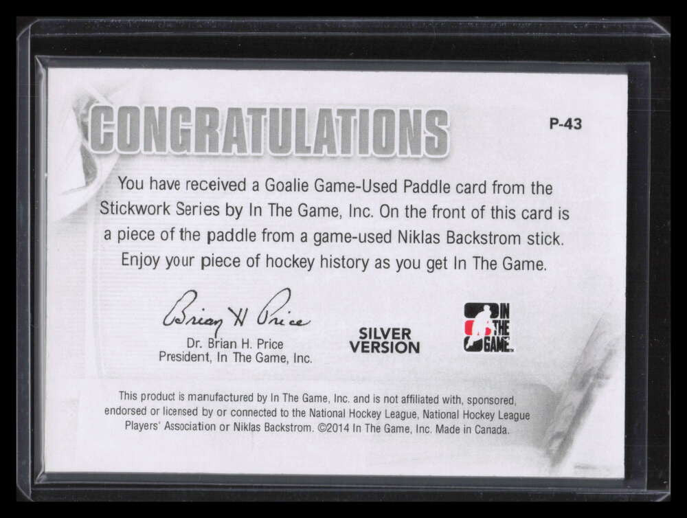 2013-14 ITG Stickwork Game Used Goalie Paddles p43 Niklas Backstrom Stick /14