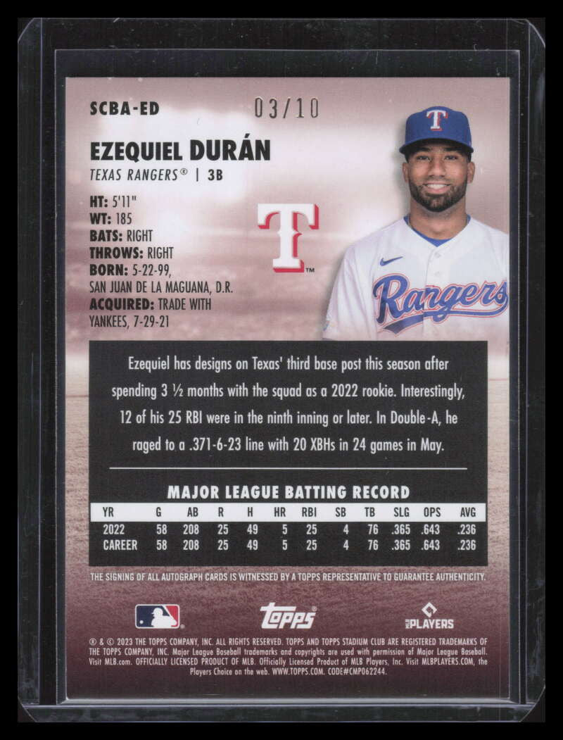 DELETE 142083 2023 Stadium Club Autographs Rainbow Foil SCBAED Ezequiel Duran Rookie Auto 3/10