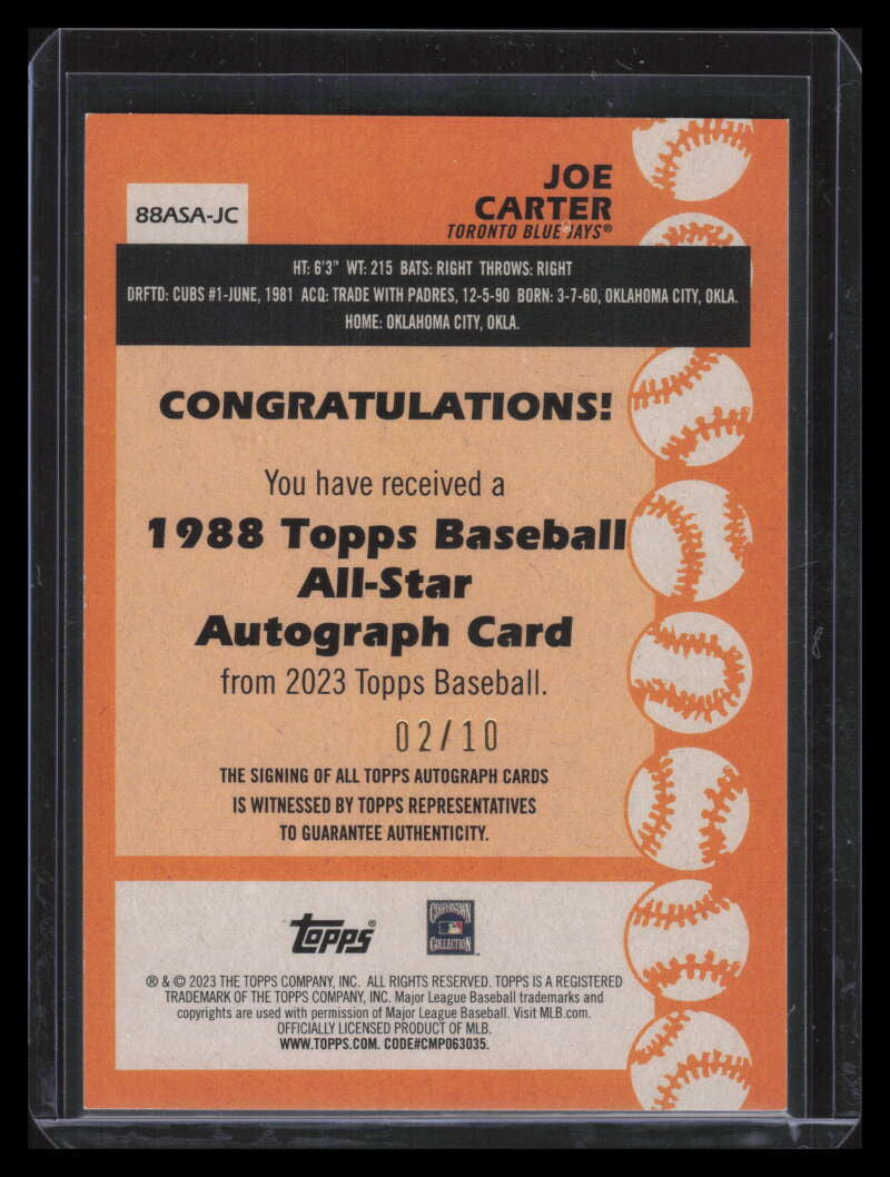 2023 Topps '88 Topps All Star Autographs Red 88asajc Joe Carter Auto 2/10