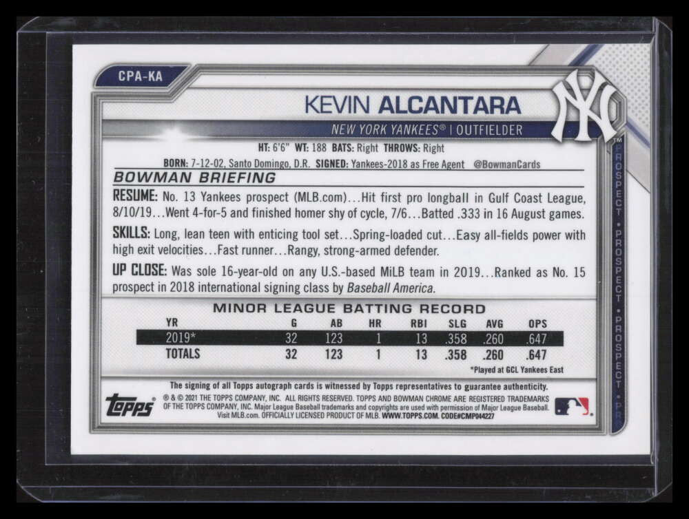 2021 Bowman Chrome Autographs Blue Refractor Kevin Alcantara Rookie Auto 2/150