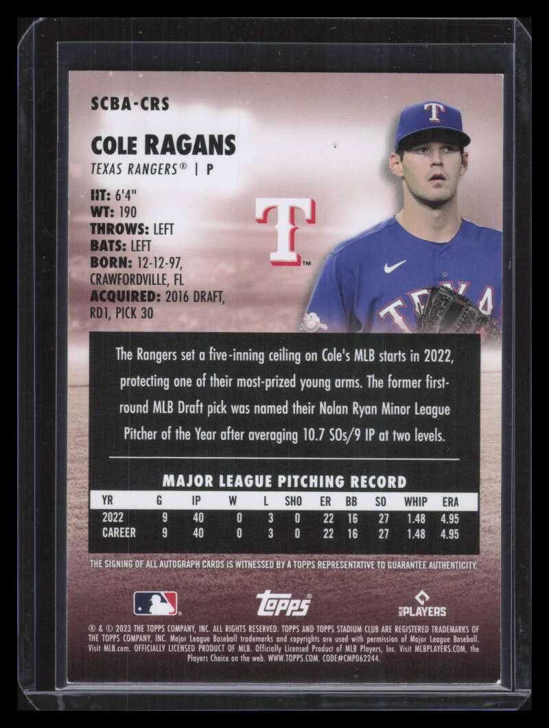 2023 Stadium Club Autographs SCBACRS Cole Ragans Rookie Auto