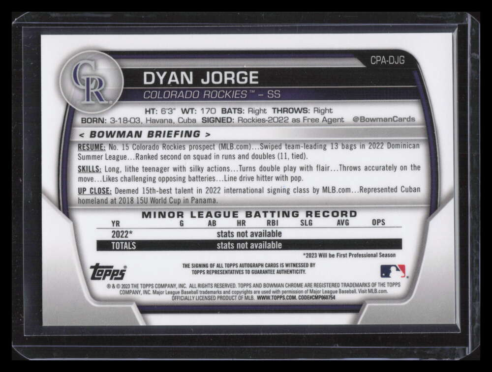 DELETE 142118 2023 Bowman Chrome Autographs Green Grasss Refractor Dyan Jorge RC Auto 87/99