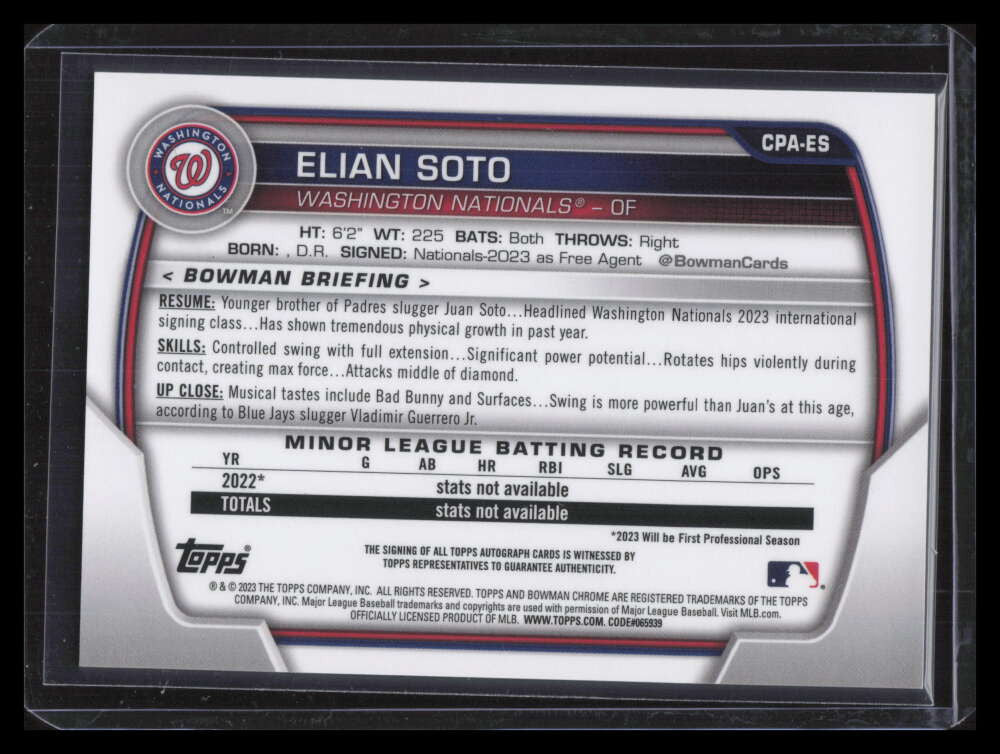 DELETE 142122 2023 Bowman Chrome Draft Autographs CPAES Elian Soto Rookie Auto F02943