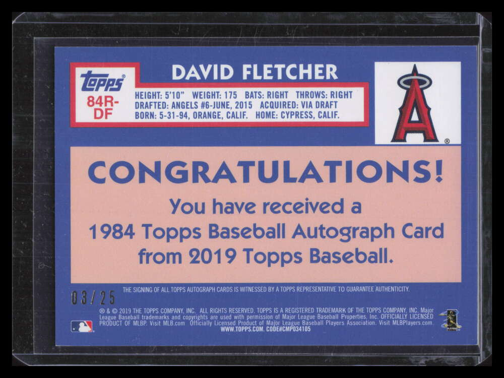 DELETE 142128 2019 Topps '84 Topps Autographs Red 84radf David Fletcher Rookie Auto 3/25