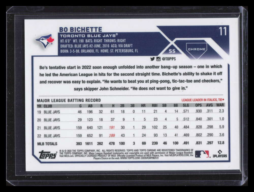 2023 Topps Chrome Purple Sonar Refractor 11 Bo Bichette 207/275