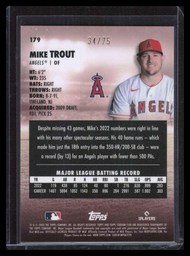 2023 Stadium Club Chrome Inserts Purple Refractor 179 Mike Trout 34/75