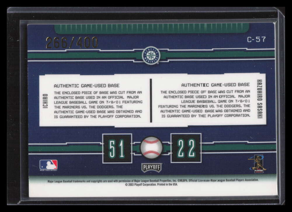 2003 Playoff Prestige Connections Materials 57 Sasaki Ichiro Dual Base 266/400
