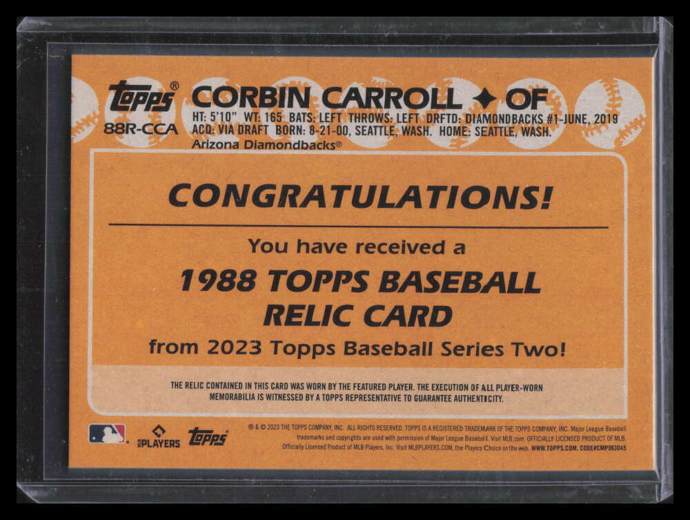2023 Topps '88 Topps Relics 88rcca Corbin Carroll Rookie Jersey