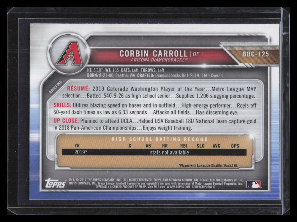 2019 Bowman Chrome Draft bdc125 Corbin Carroll Rookie 136027
