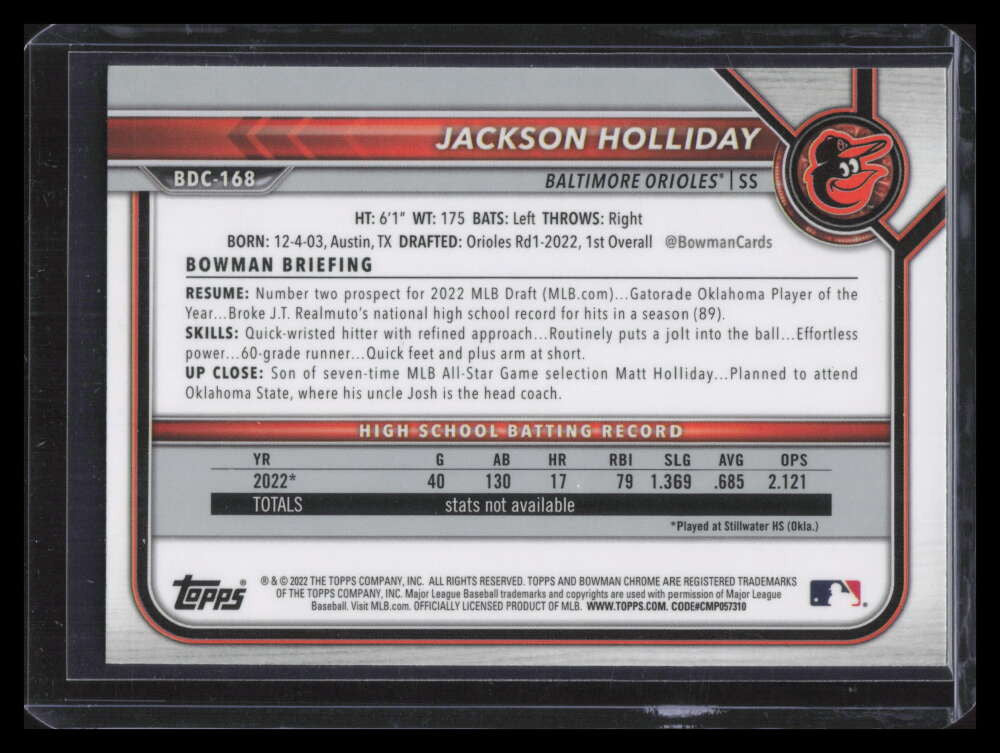 DELETE 142365 2022 Bowman Chrome Draft bdc168 Jackson Holliday Rookie 136351