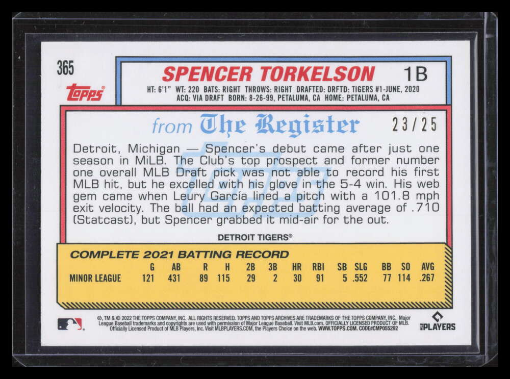 2022 Topps Archives '92 MLB Debut Red Foil 365 Spencer Torkelson Rookie 23/25