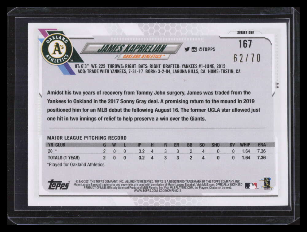 2021 Topps Platinum Anniversary 167 James Kaprielian Rookie 62/70