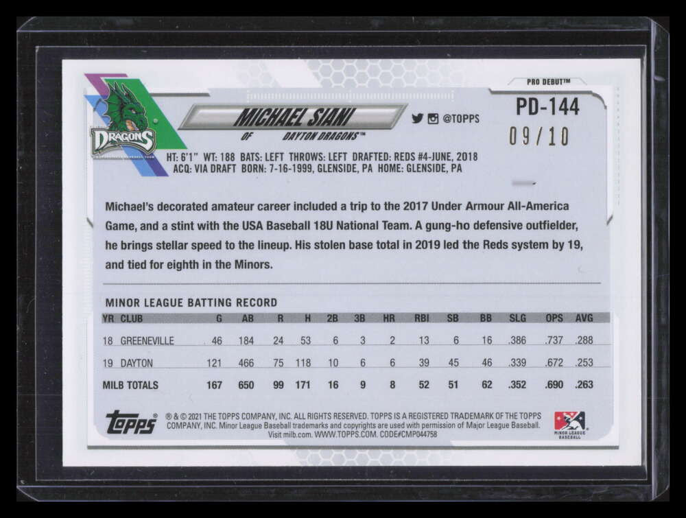 2021 Topps Pro Debut Red pd144 Michael Siani Rookie 9/10