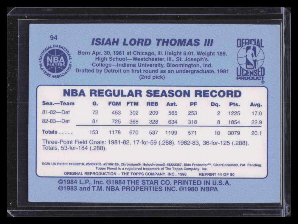 1996-97 Stadium Club Finest Reprints 44 Isiah Thomas 1983-84 Star