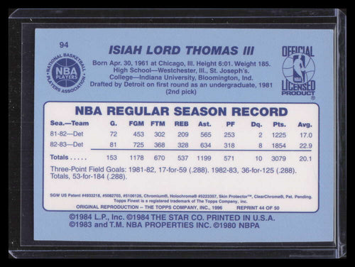 1996-97 Stadium Club Finest Reprints 44 Isiah Thomas 1983-84 Star