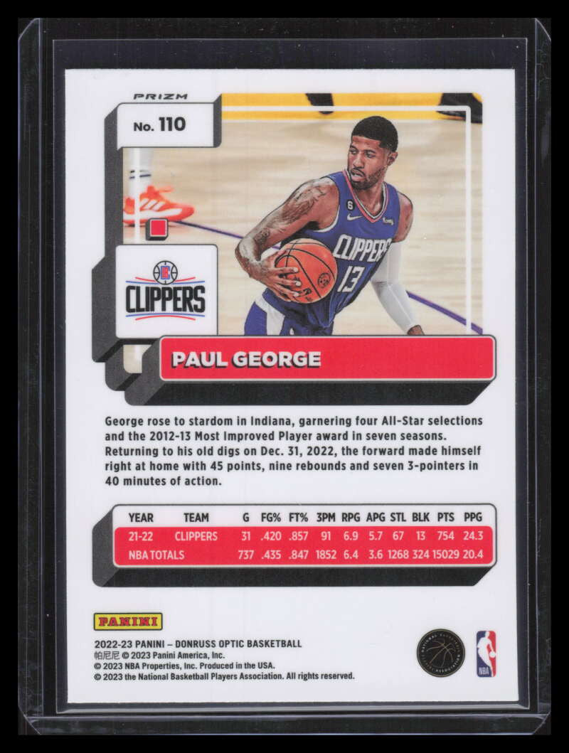 2022-23 Donruss Optic Basketballs Parallel Refractor 110 Paul George
