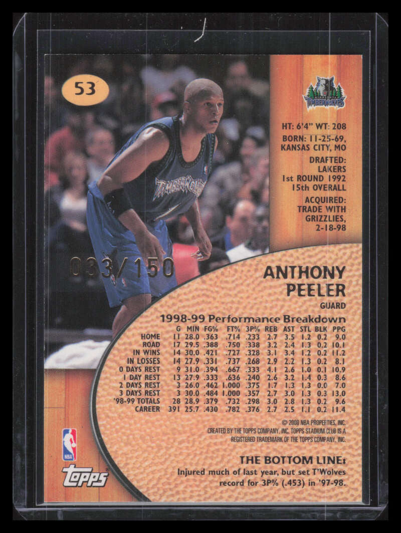 1999-00 Stadium Club One of a Kind 53 Anthony Peeler 33/150
