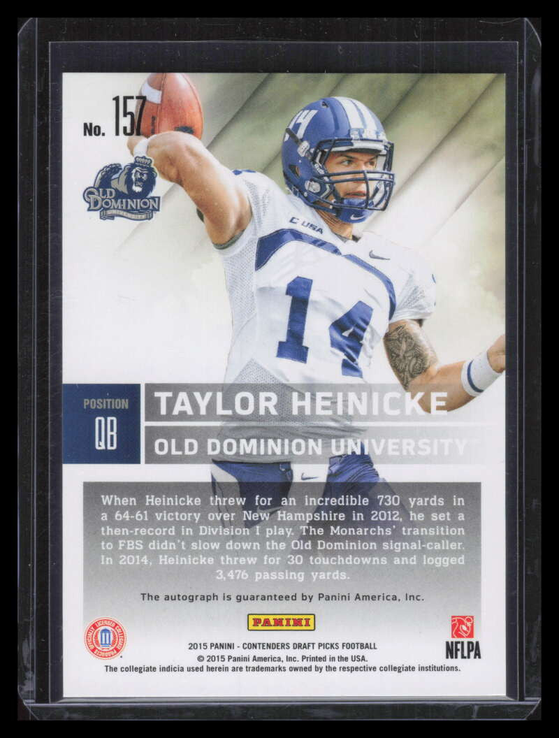 DELETE 142759 2015 Panini Contenders College Ticket Blue Foil 157 Taylor Heinicke Rookie Auto
