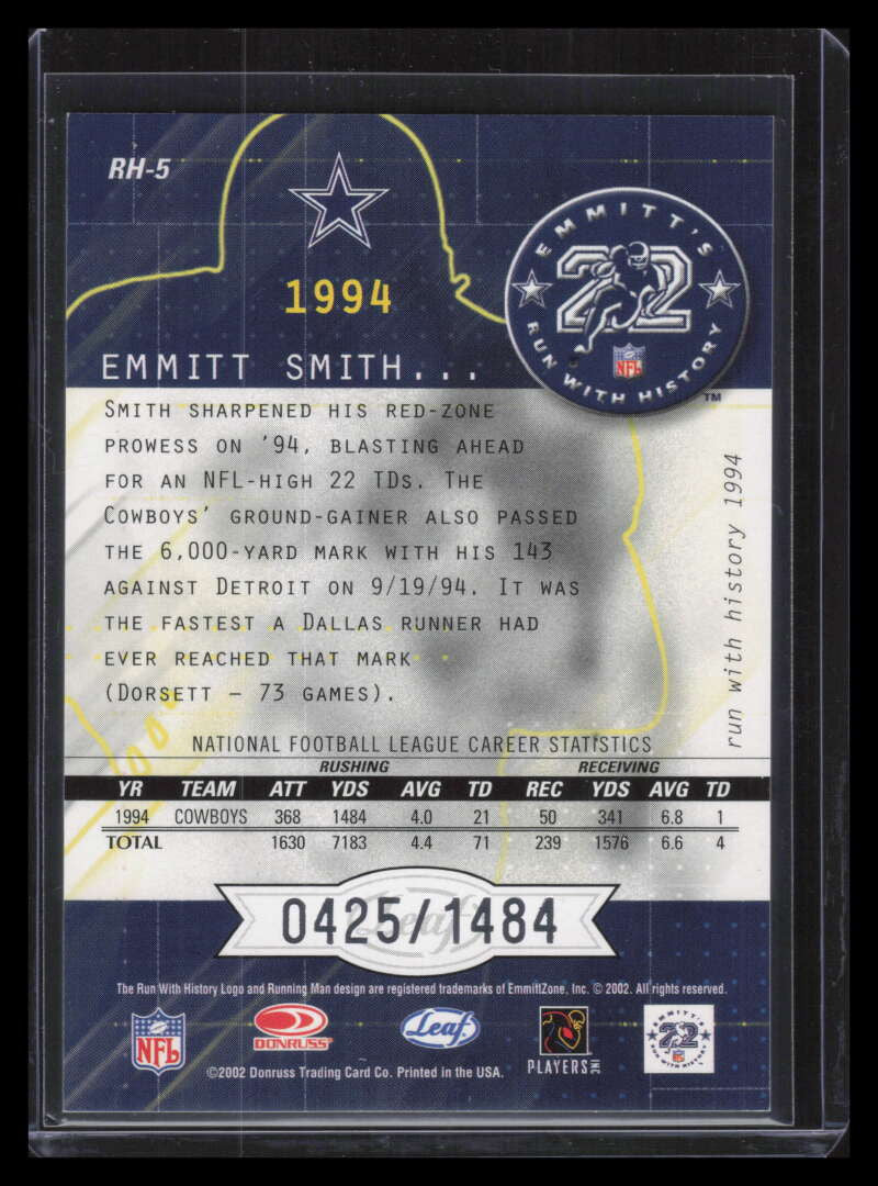 2002 Leaf Rookies and Stars Run With History rh5 Emmitt Smith 425/1484