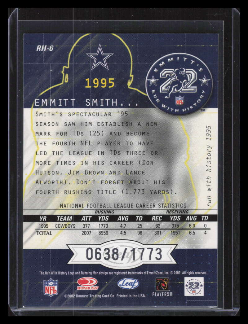 2002 Leaf Rookies and Stars Run With History rh6 Emmitt Smith 638/1773