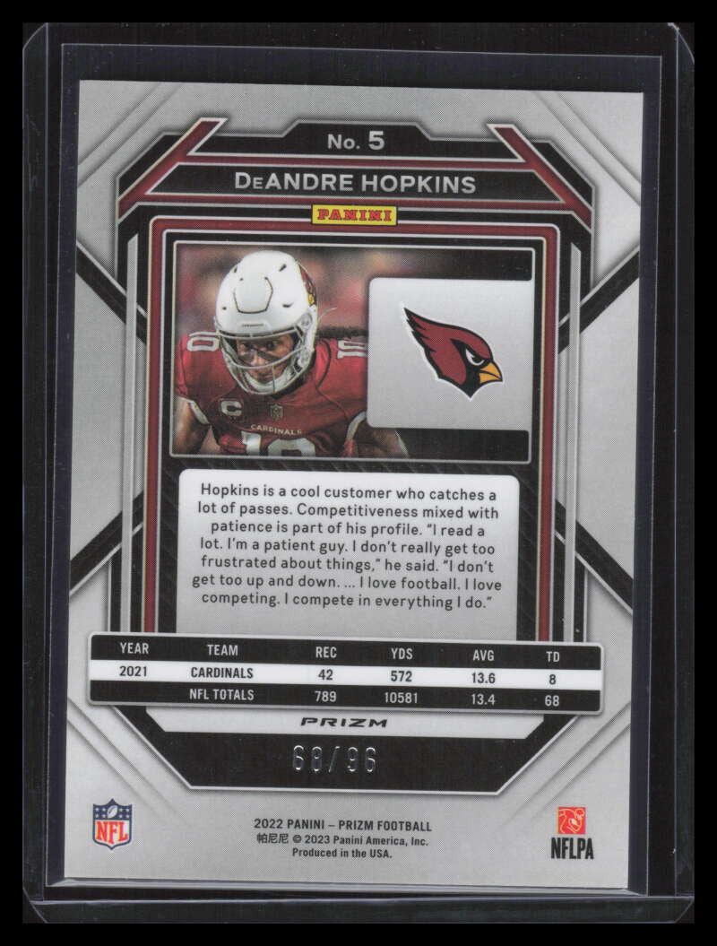 2022 Panini Prizm Prizms Blue Sparkle Refractor 5 DeAndre Hopkins 68/96