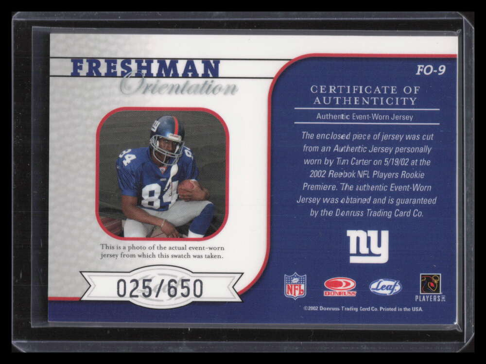 2002 Rookies Stars Freshman Orientation Autographs Tim Carter Jersey Auto 25/25